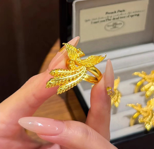 金店同款沙金凤凰花边戒指女中式婚嫁风金色戒指可调节指环