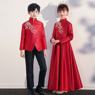 元旦儿童合唱表演服诗歌朗诵男童汉服演出服中小学生红色喜庆礼服