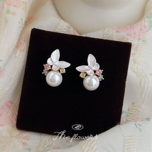 工厂耳环饰品 清新甜美微镶彩锆石玻璃施家珍珠蝴蝶耳饰女夏日新款