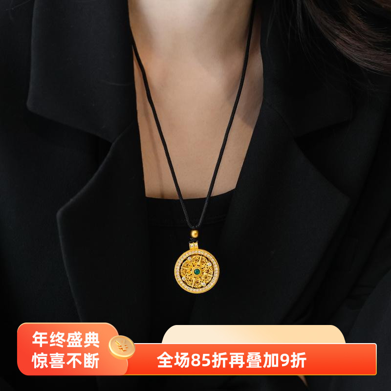 洗澡不用摘高品质~绿玛瑙可旋转八宝罗马盘项链女毛衣链黑绳高级