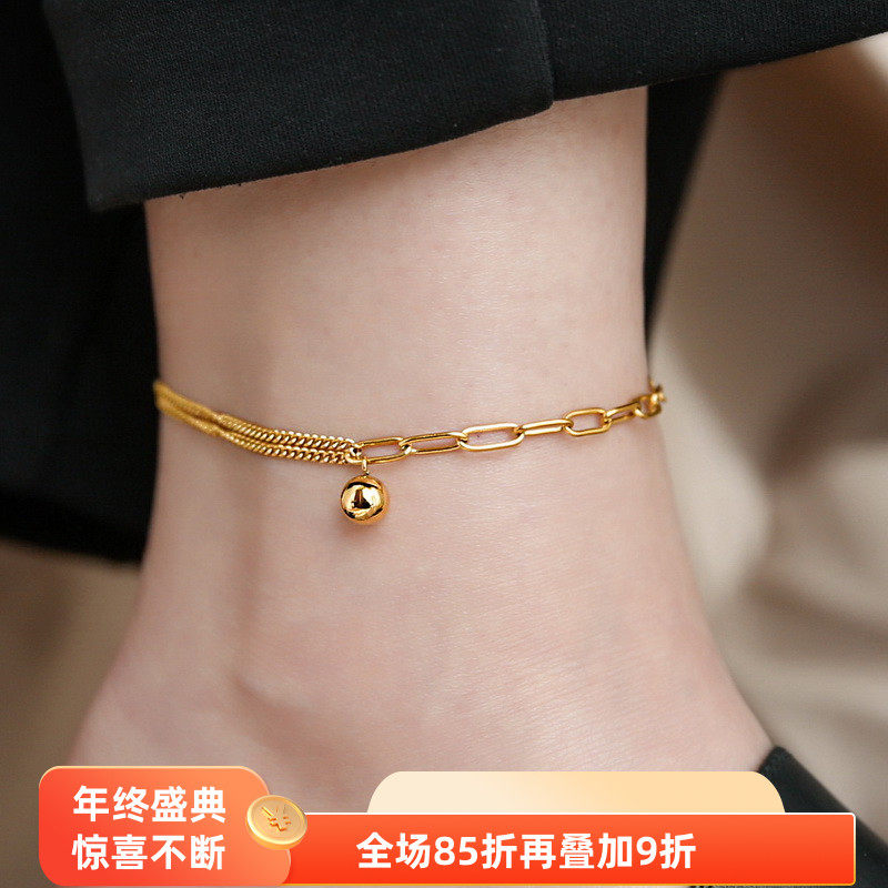 洗澡不用摘高级感小众金色拼接链条金球脚链女镀18K金不掉色轻奢i
