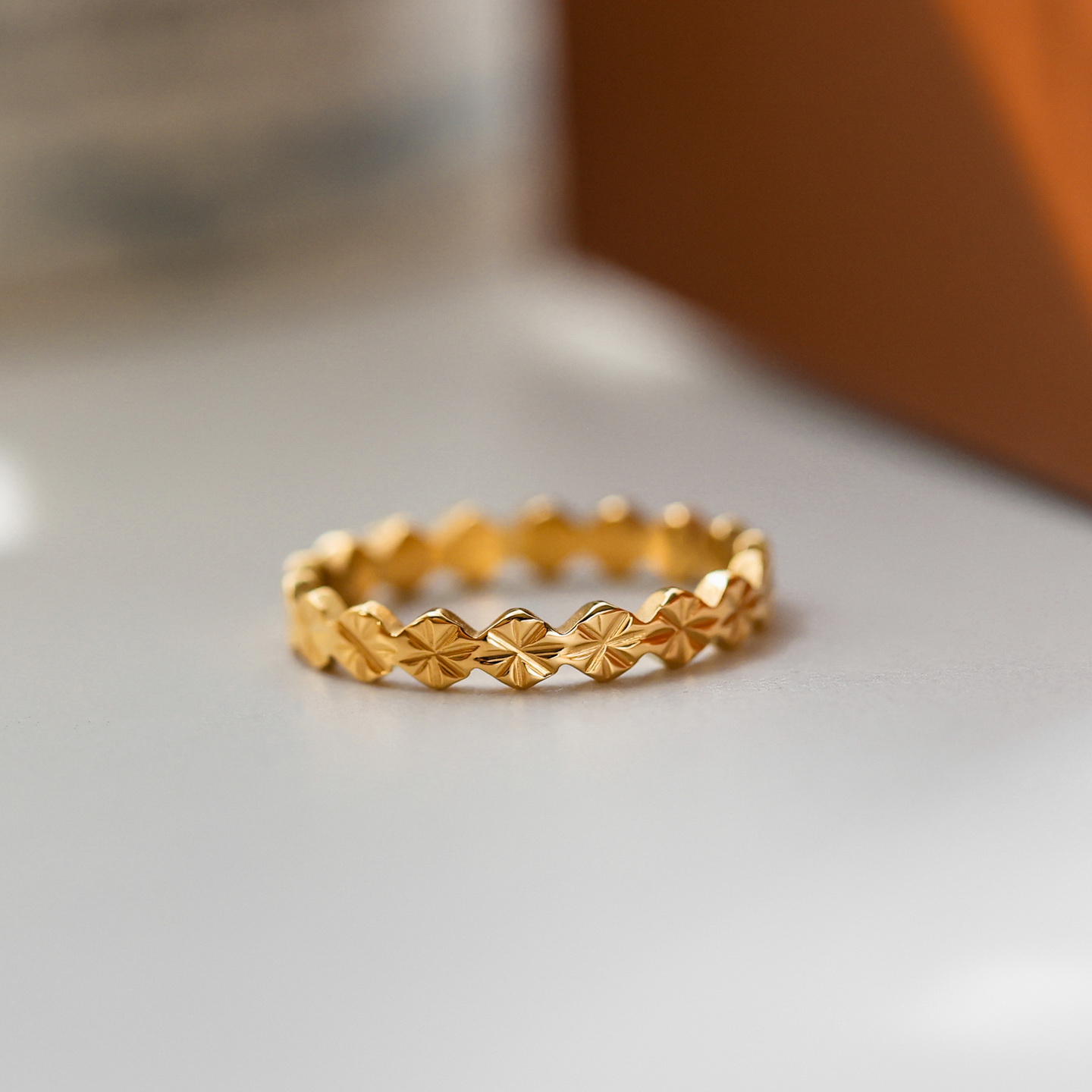 洗澡不用摘不掉色~小众设计感简约轻奢镀18K金金色花纹戒指女指环