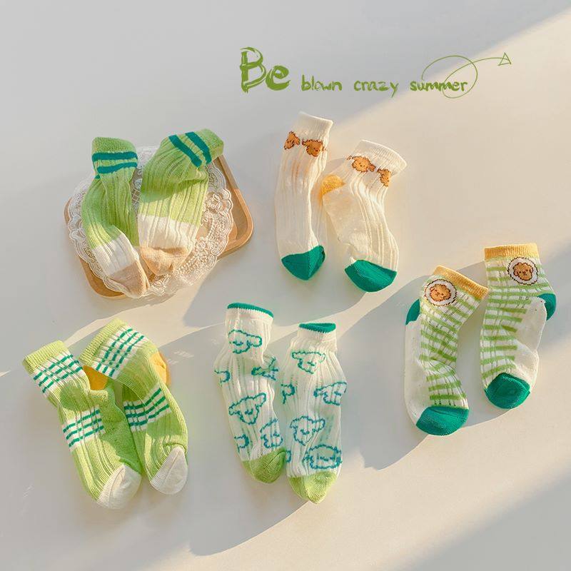 绿色袜子儿童网红潮童袜男童夏款凉鞋薄款ins镂空纯棉网眼中筒