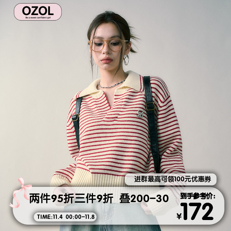 OZOL 23/AW 复古学院风polo领条纹毛衣撞色针织衫秋冬新款上衣女