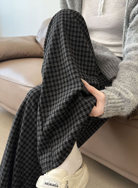 黑色格子裤子女秋冬2026新款胖mm大码显瘦宽松休闲慵懒加绒阔腿裤