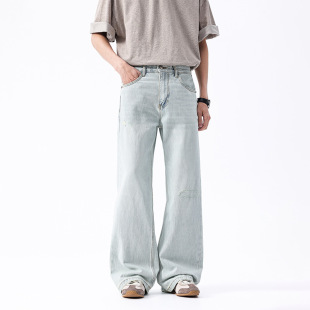 奶油蓝水洗宽松休闲直筒长裤 全棉浅色牛仔裤 型宽松男女同款 A字版