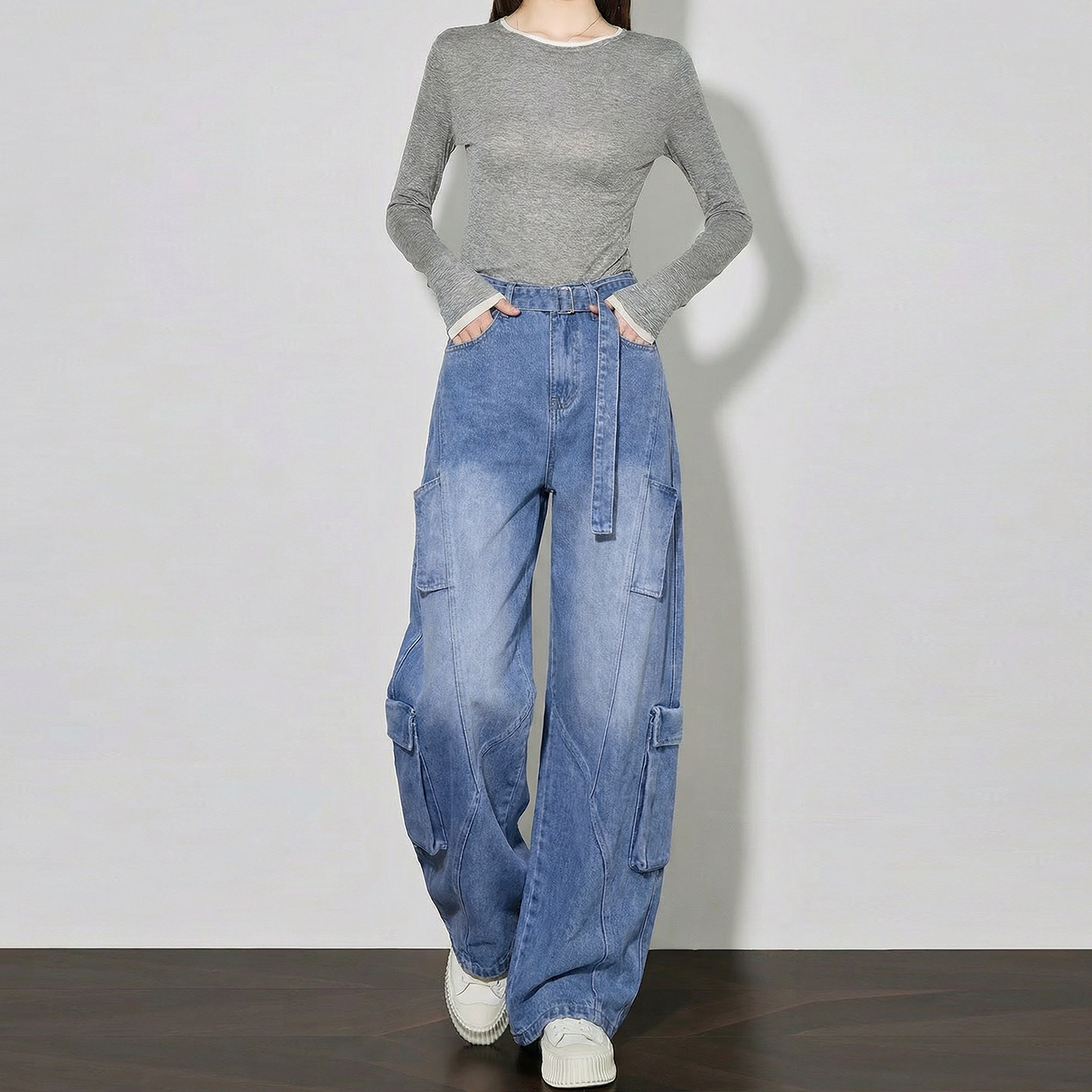 蓝色弯刀牛仔裤女2026春季新款胖mm大码工装裤高腰宽松显瘦阔腿裤