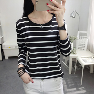 条纹圆领长袖 修身 底衫 女春秋衣外穿内搭苗条 T恤女显瘦上衣服夏装
