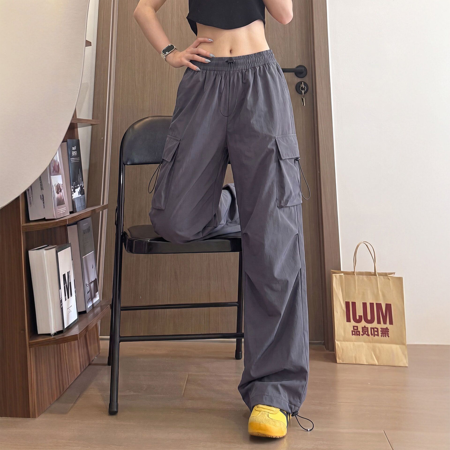 灰色速干工装裤女夏季美式酷飒风冲锋裤宽松直筒休闲小个子运动裤