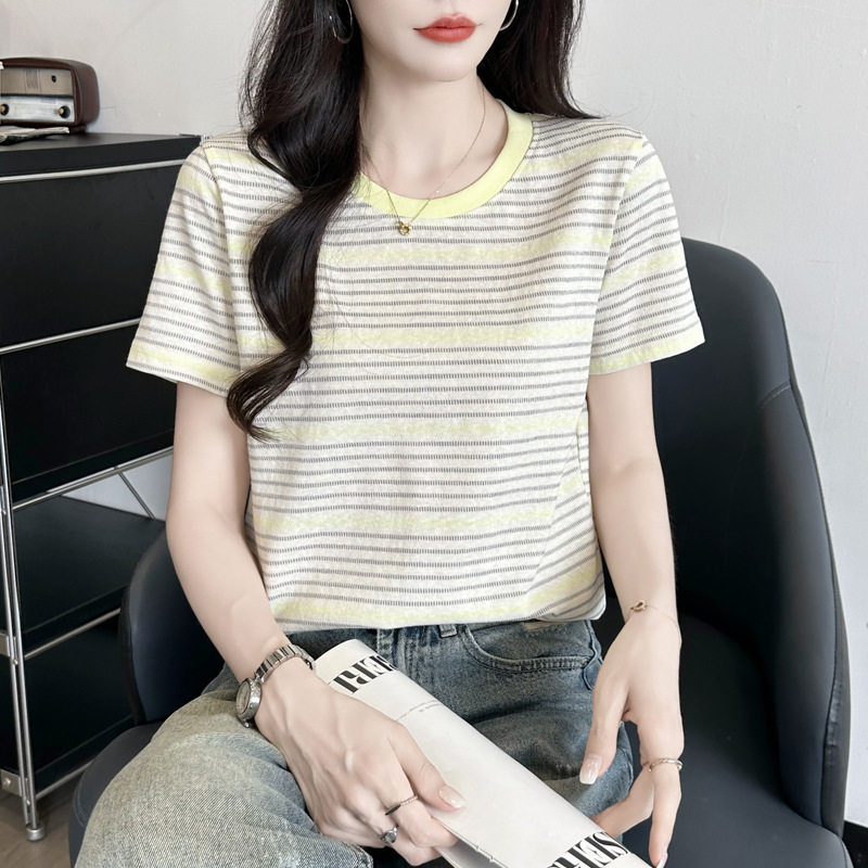 265~宽松显瘦条纹短袖t恤女2026新款夏季设计感圆领感体恤