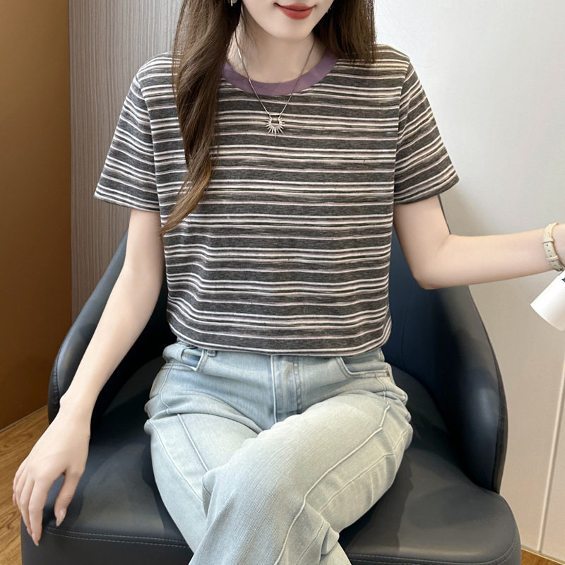 228~撞色条纹正肩短袖t恤女夏2025新款设计感小众短款显瘦小个子