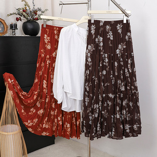 度假印花大摆拼接裙百褶半身裙 设计感波西米亚碎花裙女春夏新款