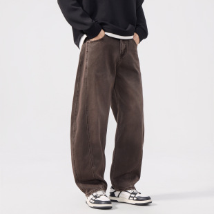 基本款 2026春款 直筒型手绘拉链开襟 现货韩版 摩咖啡宽松百搭牛仔裤