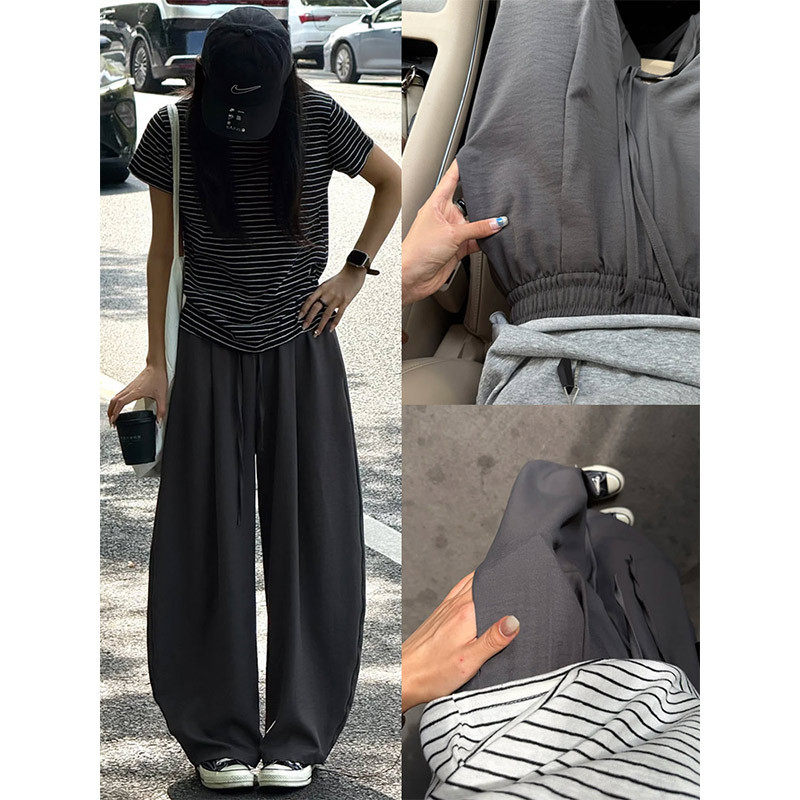 灰色弯刀阔腿裤女夏季薄款2026新款小个子高腰显瘦宽松防晒休闲裤