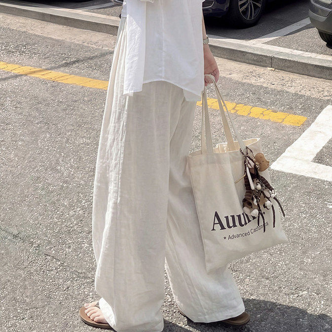 白色亚麻阔腿裤女2026夏季薄款宽松慵懒松弛老钱风裤子麻弯
