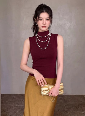 菲媛性感纯欲风纯色修身无袖T恤女 早秋新款半高领内搭打底上衣