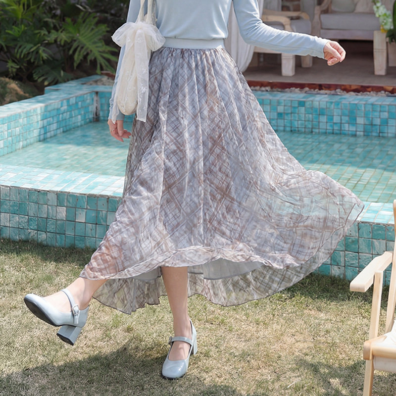 潮流品质网格印花民族风女春新款时尚逛街度假风甜美半身裙子00后