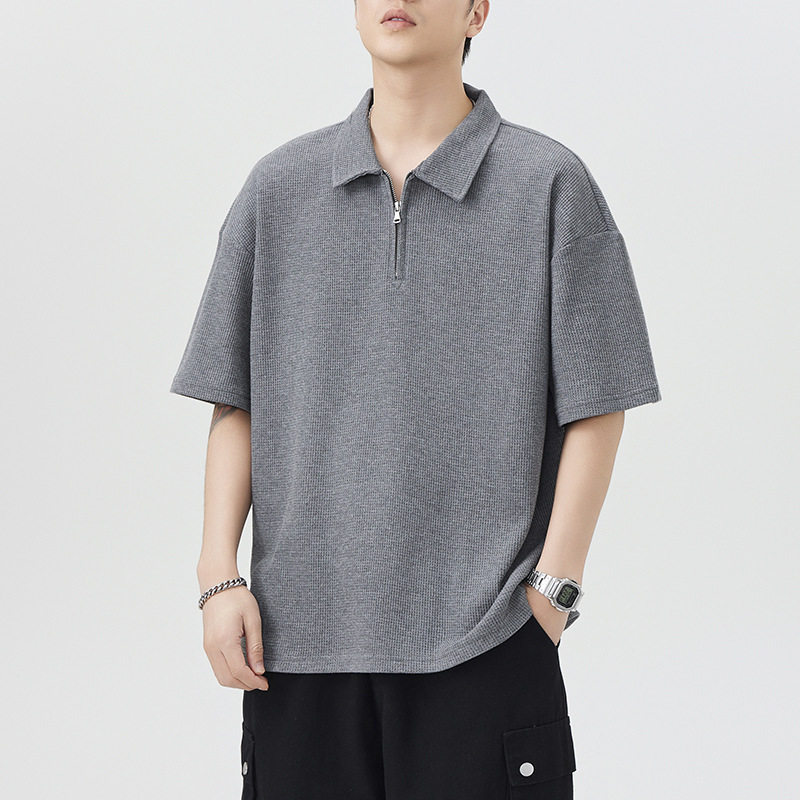Z8507夏季重磅260克华夫格polo衫男短袖T恤拉链日系美复古T