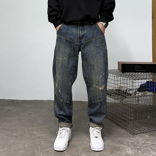 休闲老钱风牛仔裤 宽松哈伦锥形水洗时尚 子 牛仔裤 重磅潮牌破洞工装