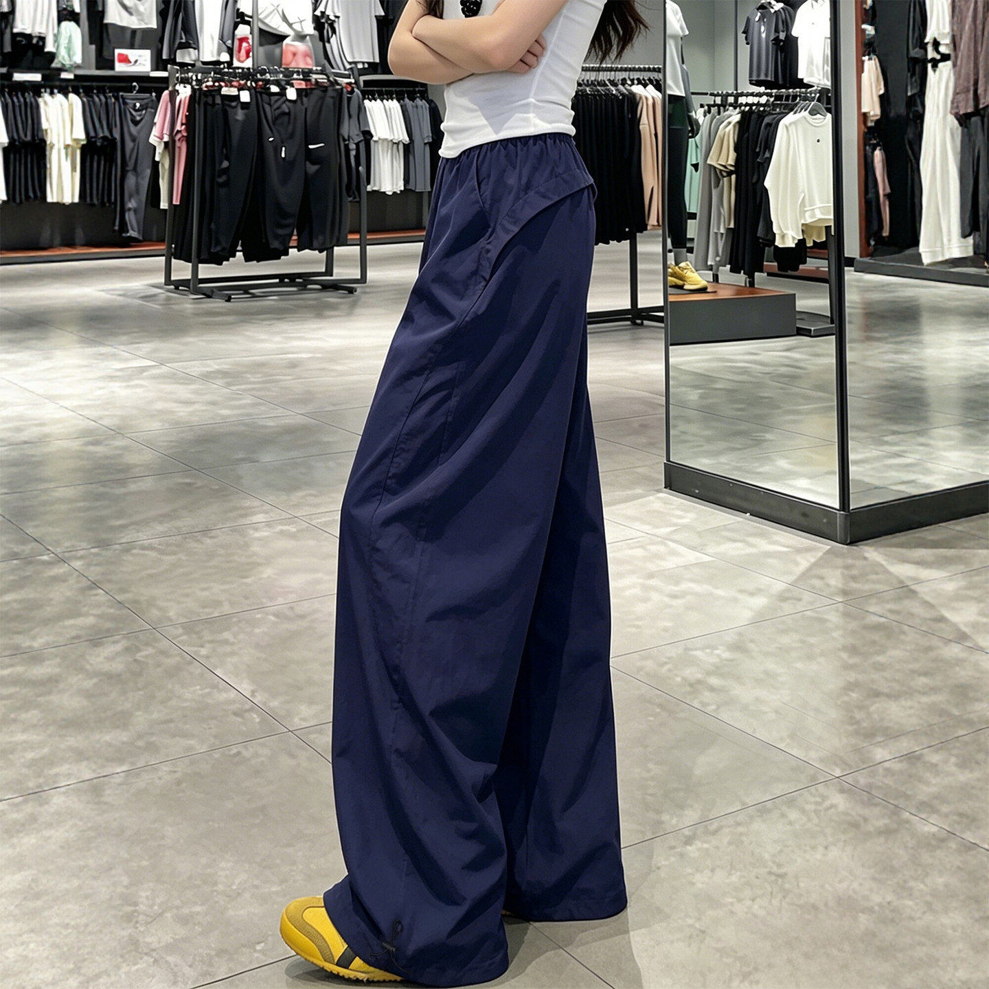 藏青色速干工装裤女夏薄款2026新款宽松阔腿休闲小个子冰丝运动裤