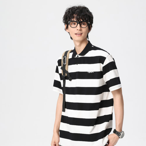 条纹翻领短袖POLO衫男士美潮高街复古条纹T恤上衣打底衫上衣T桖