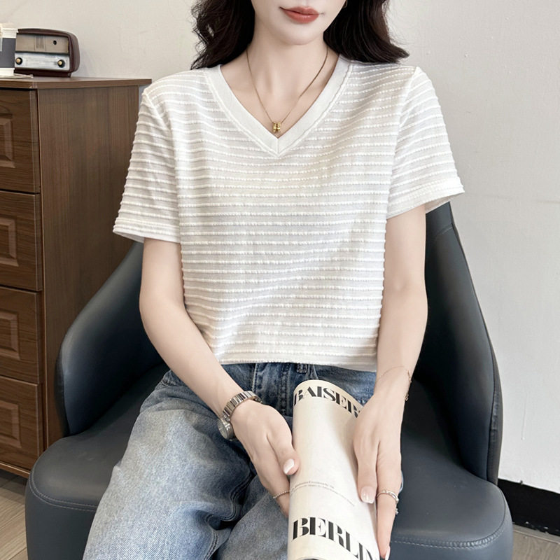 264~韩系条纹短袖t恤女2026新款夏季设计感宽松慵懒风休闲上衣ins