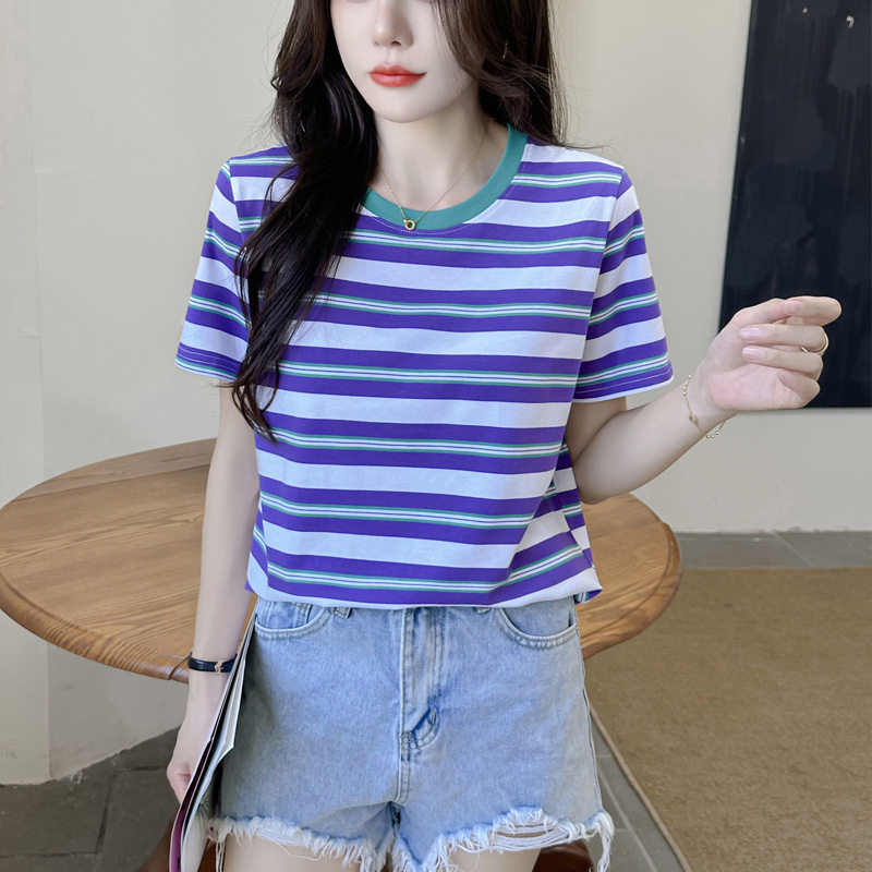 135~{32支精棉彩条~亿华七月新品}欧货洋气纯棉彩虹条纹t恤女短袖