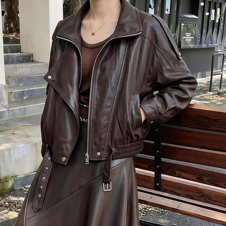 菲媛甜酷辣妹风洋气蛋白皮外套女 秋冬新款韩版宽松百搭机车服