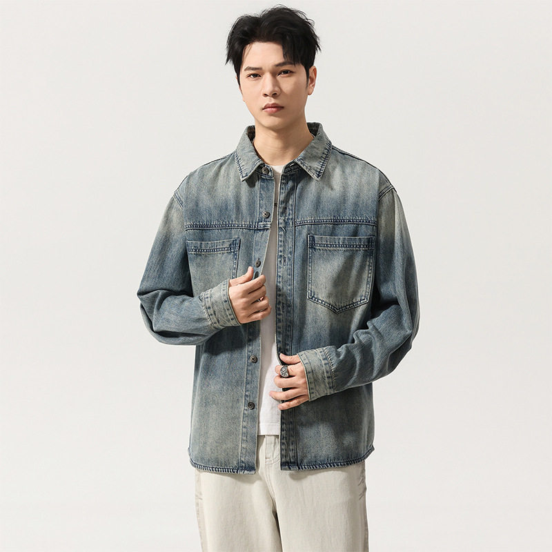 美式复古水洗做旧牛仔衬衫男2026春季新款宽松大码工装衬衣外套潮