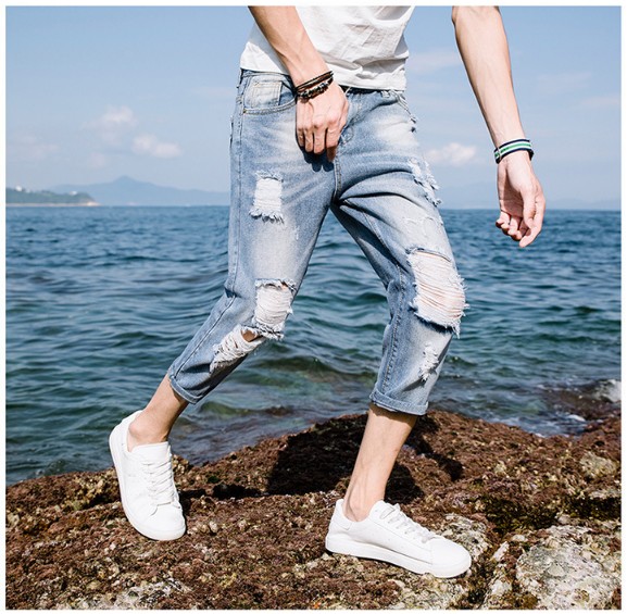 网红破洞卷边夏季男士中裤乞丐装
