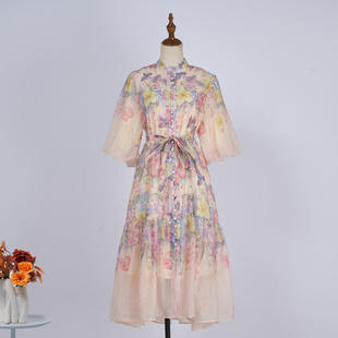 连衣裙女麻 印花裙短款 2026春夏现货欧美风修身 显瘦泡泡短袖