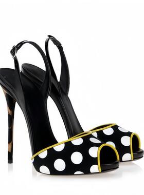 欧美时装凉鞋圆头圆点拼色搭扣细跟宴会女鞋women sandal heels