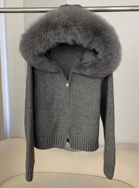 24年春款灰色连帽春季针织衫上衣女开衫韩系纯欲风宽松毛针织衫