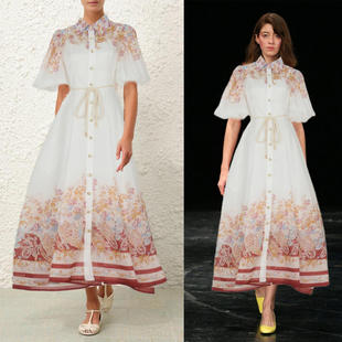 现货定位印花度假风排扣翻领系带收腰连衣裙初春淑女知性范高领