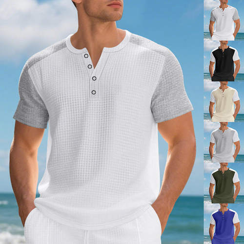 跨境夏季美式拼块oversize宽松男士休闲沙滩亨利衫短袖T恤纯色