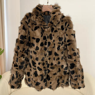 裘皮大衣皮草长袖 豹纹真狐狸腿毛保暖时尚 外套女短款 2024秋冬女式
