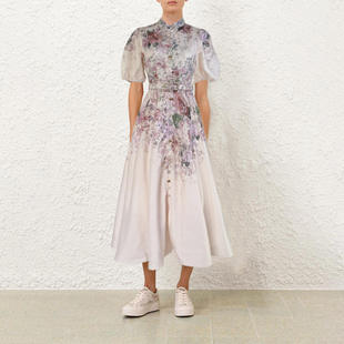 连衣裙 现货法式 精致花扣大中长款 短袖 腰带中腰 复古印花夏季
