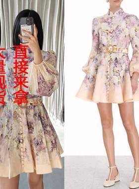 新款大量现货澳洲设计感单排扣长袖春秋定位印花连衣裙短裙配腰带