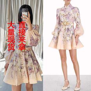 新款 春秋定位印花连衣裙短裙配腰带 大量现货澳洲设计感单排扣长袖