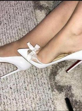时装单鞋尖头网纱结白色婚鞋外贸高跟鞋 pump浅口单鞋纯色