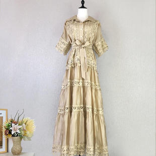 新款 连衣裙拼接气质风镂空长裙度假 实拍现货2025重工蕾丝设计法式