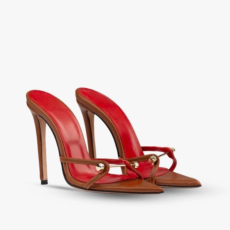 欧美时装凉鞋尖头棕色金属扣细跟女鞋大码sandals women橡胶
