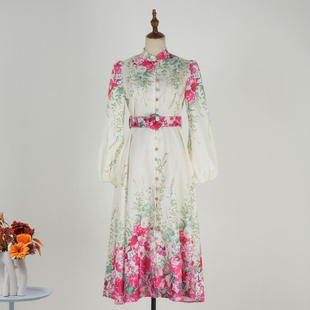 现货春夏欧美立领泡泡长袖 系带收腰单排扣定位印粉花长连衣裙