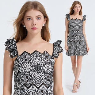 A字裙843 实拍 高腰飞飞袖 修身 重工刺绣镂空剪花蕾丝吊带连衣裙