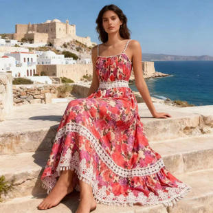 2026春夏修身 显瘦印花流苏吊带长连衣裙重工蕾丝花边拼贴长裙