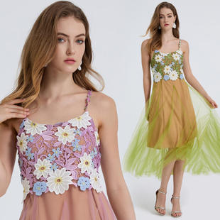 外贸独立站时尚 水溶蕾丝绣花肩带拼接网纱大摆连衣裙女 新品