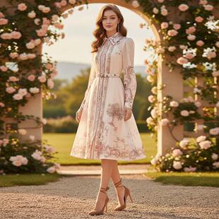 女长袖 新款 气质地图印花衬衣领设计感腰带复古大摆连衣裙短款