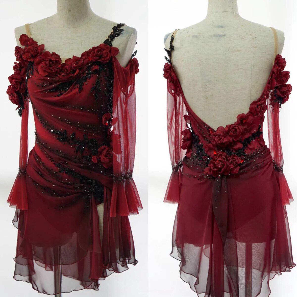 icelead冰魂摩登舞比赛服女红色立体花朵露背专业国标舞裙