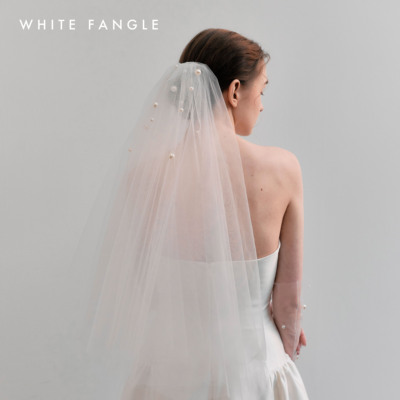 WHITE FANGLE 冰柚 珍珠头纱手套婚礼新娘结婚仪式旅拍