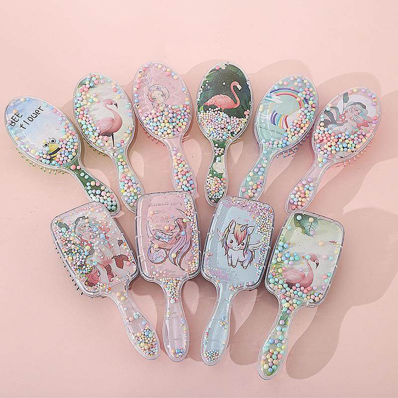 卡通气囊梳可爱少女直发梳女士长发气垫按摩梳流沙彩虹透明梳子